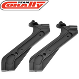 Pair of black plastic rc car parts designed for reinforcement, identified as Team Corally C-00180-105-2 Rear Shock Tower Brace V2 Body Mount for radio control vehicles.