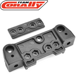 Team Corally C-00180-738 Upper Front Arm Holder For AlumSteering Deck, black plastic RC car part with multiple mounting holes, designed for radio control car assembly.