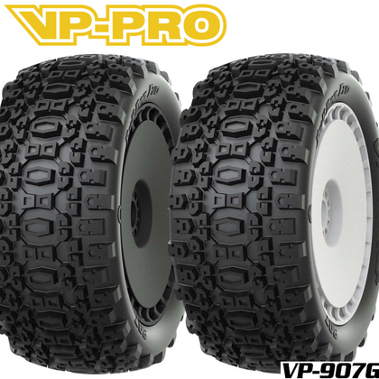 VP-PRO VP-907G Bull Dog Evo 1/8 Truggy Pre-Mounted Tires (4) featuring aggressive tread design for superior grip on rc cars and radio control parts.