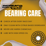 Bermco RC Parts Team Saxo GK-200 Hybrid Ceramic Bearing Kit bearing care instructions on a gold background, emphasizing cleaning with citrus-based degreaser and using high-speed oil for rc car parts maintenance.
