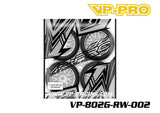 VP-PRO VP-802G Cutoff Evo 1/8 Buggy Pre-Mounted Tires (4) White Wheels arranged in packaging with black and white graphic background for radio control car parts.