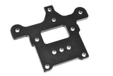 Black anodized metal steering deck plate with multiple mounting holes designed for radio control vehicles, identified as Team Corally COR00180-868 Aluminum Steering Deck.