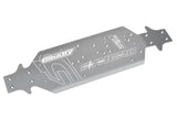 Team Corally C-00180-996 3mm Aluminum Chassis designed for radio control cars, featuring precision holes and engraved branding for enhanced durability and performance.