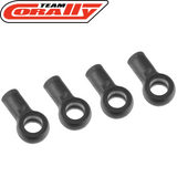 Set of four black plastic joints designed for radio control cars, labeled as Team Corally C-00140-069 Shock Ball Joint (4) SBX425, suitable as replacement rc car parts.
