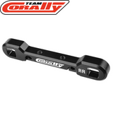 Black aluminum suspension arm mount with Team Corally branding, designed as Team Corally C-00180-873 Aluminum Suspension Arm Mount HD Rear-Rear 8mm for precise rc car parts upgrade.