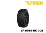 VP-PRO VP-802G Cutoff Evo 1/8 Buggy Pre-Mounted Tires (4) Black Wheels shown in a detailed view highlighting the tread pattern and black wheel design for rc car parts.