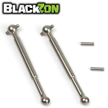 Two metal dogbone driveshafts with two small pins beside them on a white background, BlackZon BZN540439 Dogbone Driveshaft (2) Vyper & Turbo for rc car parts.