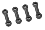 Set of four black plastic linkage parts for radio control assemblies shown isolated, identified as Team Corally C-00180-089 Steering Bellcrank Parts A-B-C for rc car steering systems.