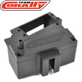 Team Corally C-00180-013 Servo Mount Receiver Box in black plastic, designed for radio control parts and rc car assembly, featuring the Team Corally logo embossed on the surface.
