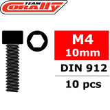 Team Corally C-3001-40-10 Hex Socket Head Steel Screws M4 x 10mm (10) showing a black hex socket head screw with threading, labeled DIN 912 standard for radio control parts.