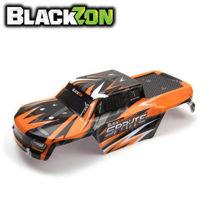 BlackZon BZN540345 MT Body Orange Spryte radio control car body with vibrant orange and black design, featuring sharp decals and aerodynamic styling for rc car enthusiasts.