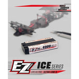 EZpower Ice Series 4900mah LCG Shorty Lipo HV PRO 7.6v 2s 140/70c battery displayed with blurred RC car parts in the background, emphasizing high-performance radio control parts.