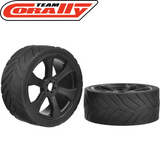 Two Team Corally XL6S Street Tires Sprint RXA Low Pro Pre-glued (2) Asuga XLR 1/7th with black multi-spoke rims, designed for high-performance RC cars.