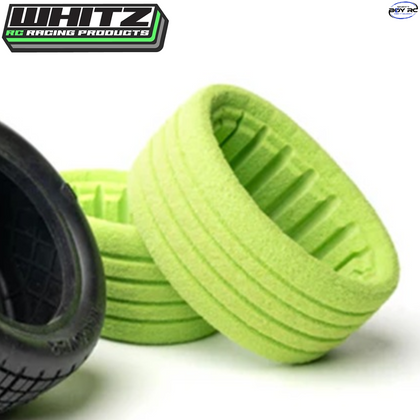 Whitz WRP-REAR-FOM 1/10 Closed Cell Rear 2.2" Tire Foam Insert (2) shown as bright green foam inserts designed for radio control car tires, enhancing performance and durability.