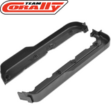 Pair of black plastic Team Corally C-00180-999 Left-Right Side Guards EB designed as durable radio control parts for rc cars.