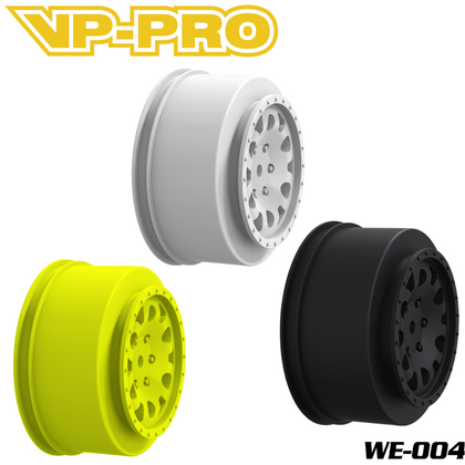 VP-PRO WE-004 1/10 Short Course Truck Wheel 0 Offset (4) in white, black, and yellow, designed for radio control parts and rc car parts applications.