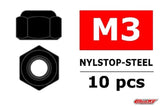 Diagram showing a black steel nylstop nut with M3 size and quantity of 10 pieces, labeled Team Corally C-3101-30-6 M3 Steel Nylstop Nut (10) for rc car parts.