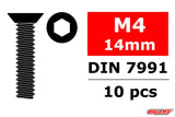 Team Corally C-3002-40-14 Hex Flat Head Steel Screws M4 x 14mm (10) package label showing screw size and specifications for rc car parts and radio control use.