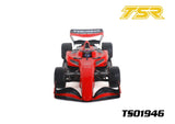 Team Saxo TS01946 1/10 F1 Body Shell (Clear) red and black radio control car part shown from front view with TSR logo and model number.