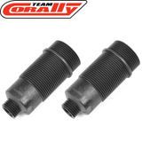 Two black composite shock absorber bodies designed for front suspension, featuring threaded ends and ridged sides, labeled Team Corally C-00180-1023 Front Composite Shock Absorber Bodies (2) for rc car parts.