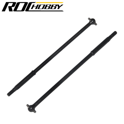 Two black metal driveshafts for radio control cars, designed as ROCHOBBY APSC71111 Rear Portal Driveshafts Ridge Racer DS, used as rc car parts.
