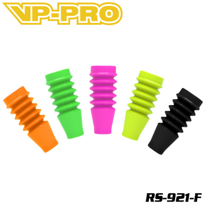VP-PRO RS-921-F 1/8 Front Shock Boots 38mm (4) in bright orange, green, pink, yellow, and black, designed for radio control parts and rc car suspension protection.