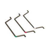 Three metal cantilever sway bars with color-coded ends on a white background, designed for the Gmade GM30143 Cantilever Sway Bar Set GS02 BOM for RC car suspension upgrades.