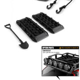 Gmade GM40080 1/10 Scale Off-road Roof Rack & Accessories including two black traction boards, a small shovel, and two black hooks for radio control parts and rc car accessories.