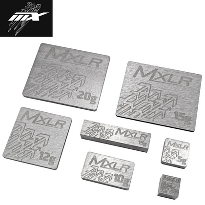 Set of MXLR Tungsten Weights 5g - 20g in various sizes and shapes, featuring a brushed metal finish with engraved branding and weight markings for radio control car tuning.