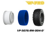 VP-PRO VP-507G 1/10 Short Course Truck Tires (4) Pre-Mounted White showing a white wheel rim, blue foam insert, and black rubber tire with aggressive tread for radio control parts.