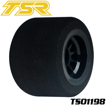 Team Saxo TS01198 1/10 F1 Pre-Glued Foam Tire Rear 25Sh (2) designed for radio control cars, featuring a smooth black foam surface and durable wheel rim for enhanced grip and performance.