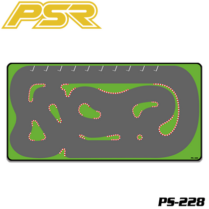 Powerstar PS-228 Mini Run Race Track 120x60cm featuring a compact race layout with curving asphalt track, green borders, and red-and-white curbs for radio control car racing enthusiasts.
