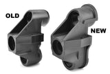 Comparison of two black plastic components labeled old and new, showing the Team Corally C-00180-108-1 Wide Steering Block w/ Front Ball Cups designed for rc car parts.