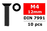 Illustration of a hex flat head steel screw with threading and hexagonal socket, labeled M4 12mm DIN 7991, package contains 10 pcs, Team Corally C-3002-40-12 Hex Flat Head Steel Screws M4 x 12mm (10)