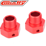 Pair of red aluminum adapters with threaded hex design for wheels, identified as Team Corally C-00180-329 Aluminum Wide Wheel Hex Adapter (2), used for radio control parts in RC cars.