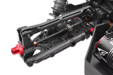 Close-up view of black and red high-durability rear steering linkage components installed on an RC car chassis featuring Team Corally C-00180-922 HD Rear Steering Links for HDA-3 (2) designed for precise steering control.