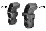 Comparison of old and new versions of Team Corally C-00180-009-1 Front Steering Block w/ Ball Cups showing design improvements for enhanced durability in radio control parts.