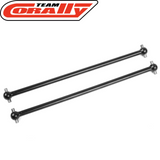 Two black steel long rear dogbones for radio control cars, labeled Team Corally COR00180-367 Long Rear Steel Dogbones (2), designed for durable rc car parts replacement.