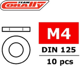 Diagram showing Team Corally C-3201-40 M4 Steel Washer (10) Silver, including side and top views with specifications DIN 125 and quantity of 10 pieces for radio control car parts.