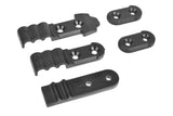 Team Corally C-00180-1017 Motor Wire Holder Set consisting of black plastic clips and mounts designed for organizing and securing wires in radio control parts and rc cars.