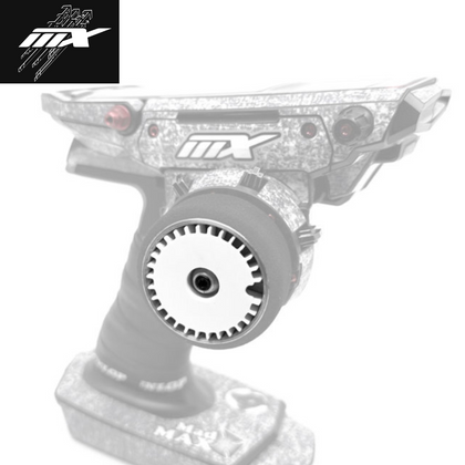 Close-up of the MXLR MAX-04-003 Turbo Fan Style Steering Wheel for Sanwa M17 / MT-5 / MT-R attached to a radio control transmitter, designed for precise control of rc cars.
