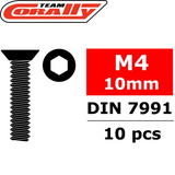 Team Corally C-3002-40-10 Hex Flat Head Steel Screws M4 x 10mm (10) for rc cars, showing a hex flat head screw icon with size and quantity details for radio control parts.