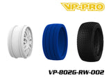 VP-PRO VP-802G Cutoff Evo 1/8 Buggy Pre-Mounted Tires (4) White Wheels with blue foam inserts and black knobby tires designed for radio control parts and rc cars.