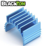 Blue anodized aluminum heatsink with multiple cooling fins designed for motor cooling in radio control cars, labeled BlackZon BZN540486 Motor Heatsink Spryte Turbo.