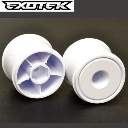 Exotek EXO2325 F1 Disk Wheels Rear 1/10 (For Exotek Tires ONLY) in white, designed for radio control car parts, shown from front and rear views.