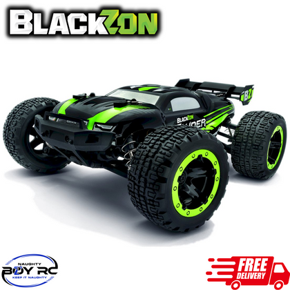 Blackzon Slyder ST Turbo 1/16 4WD RTR 2S Brushless Stadium Truck Green shown in a close-up angle highlighting its rugged tires, aerodynamic design, and green and black color scheme.