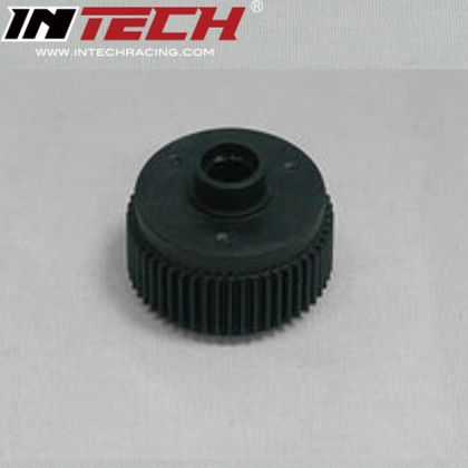 Black plastic gear component featuring finely spaced teeth designed for radio control parts, specifically the INTECH Racing 100062 52T Diff Case.