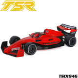 Red and black Team Saxo TS01946 1/10 F1 Body Shell (Clear) RC car part designed for radio control cars with detailed aerodynamic features and branded decals.