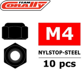 Team Corally C-3101-40-6 M4 Steel Nylstop Nut (10) pack showing black hexagonal nylon lock nuts designed for radio control parts and rc car assemblies.
