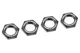 Team Corally C-00180-1117 Serrated Aluminum Wheel Nut Black (4) 17mm set of four black serrated aluminum wheel nuts for radio control cars with engraved "Engineered to Dominate" text.